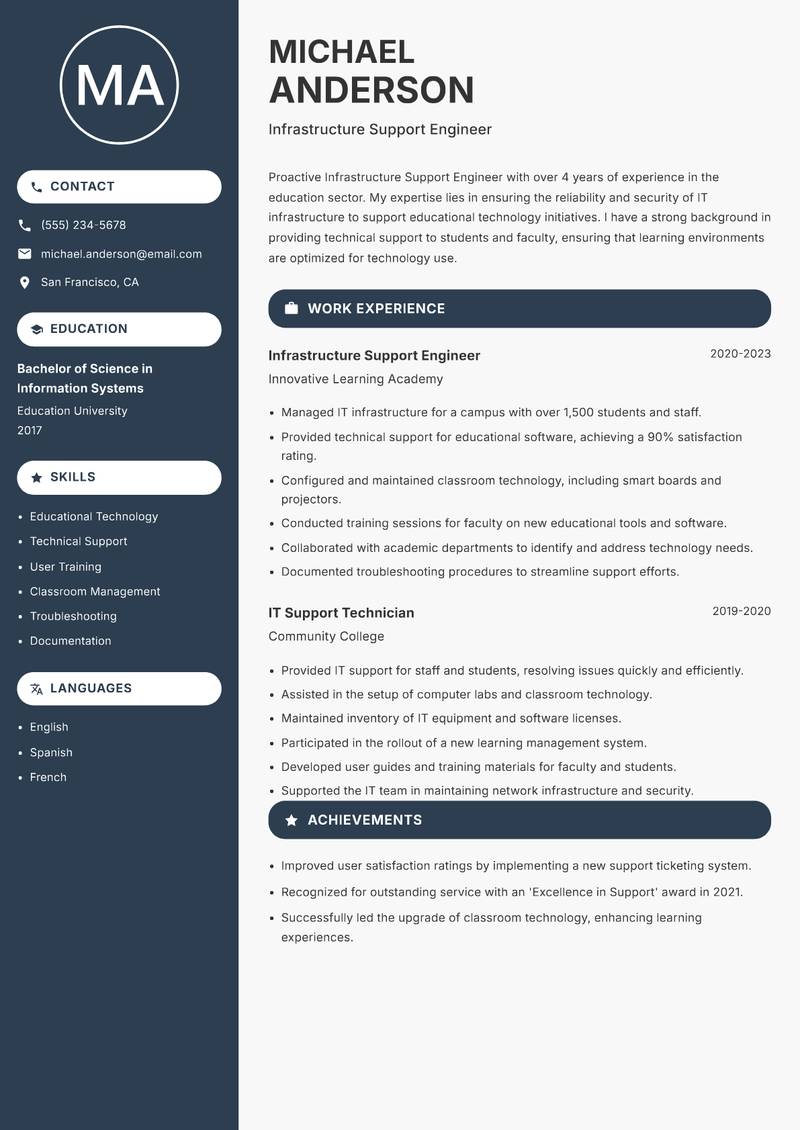 Infrastructure Support Engineer resume sample — Infrastructure Support Engineer focus
