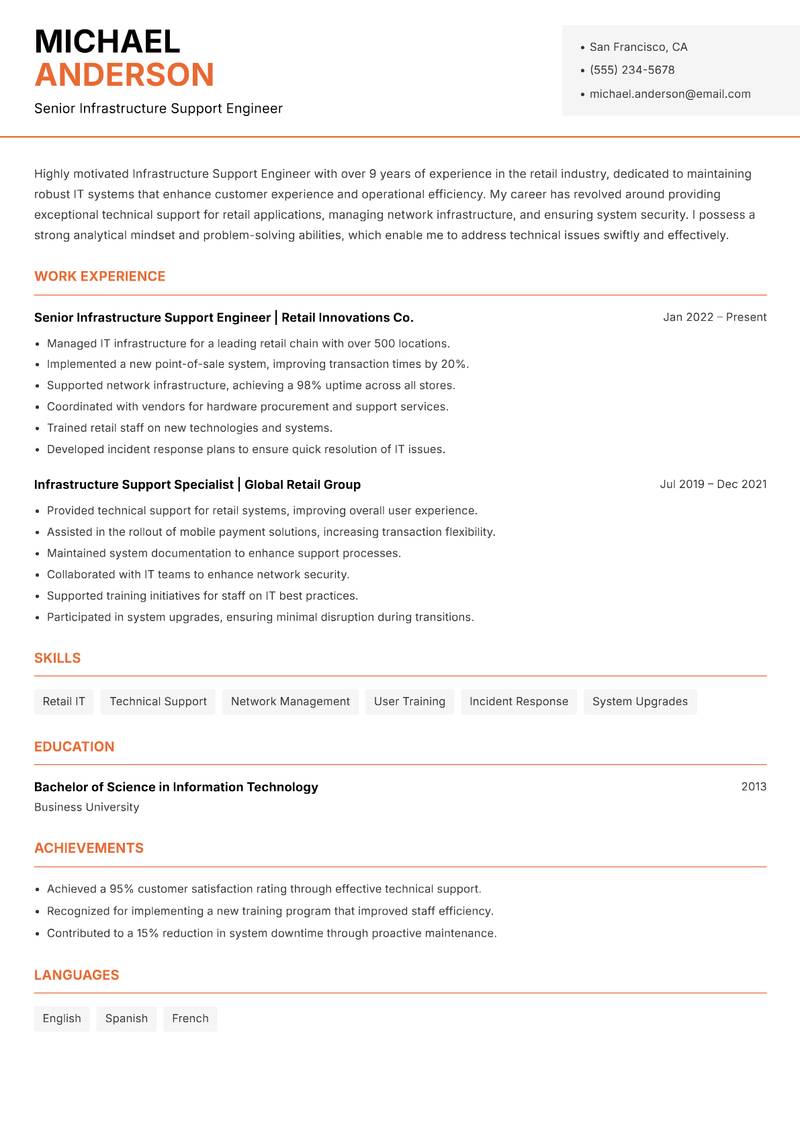 Infrastructure Support Engineer resume sample — Senior Infrastructure Support Engineer focus