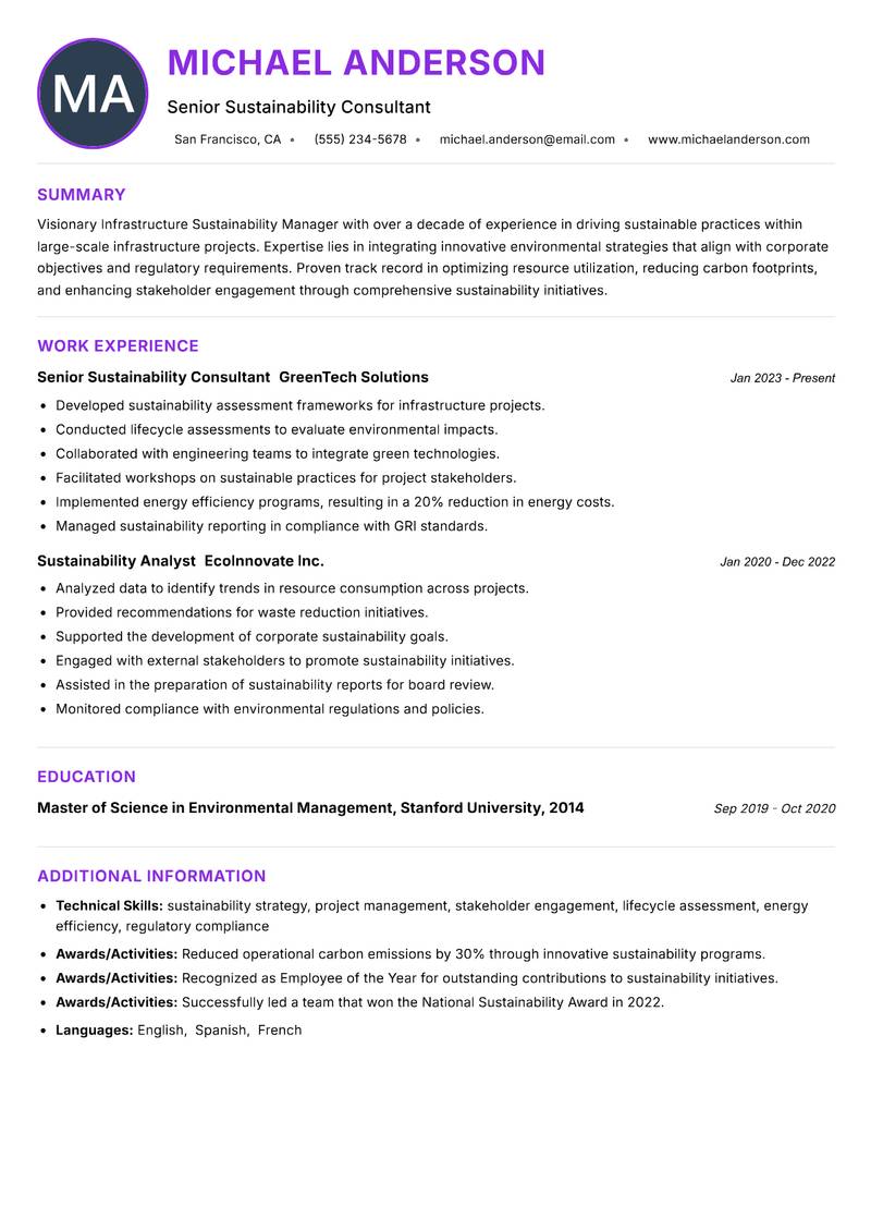 Infrastructure Sustainability Manager resume example