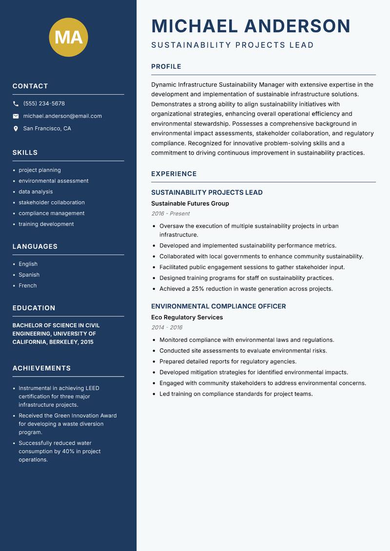 Infrastructure Sustainability Manager resume sample — Sustainability Projects Lead focus