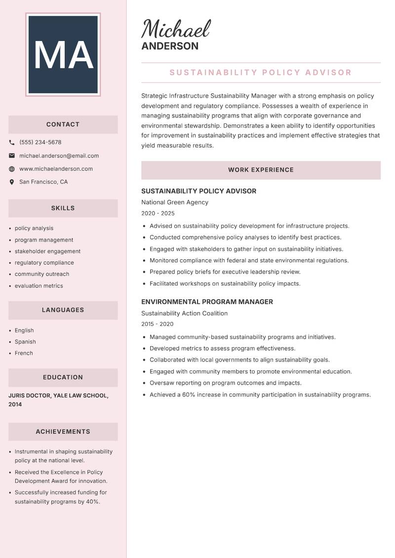 Infrastructure Sustainability Manager resume sample — Sustainability Policy Advisor focus