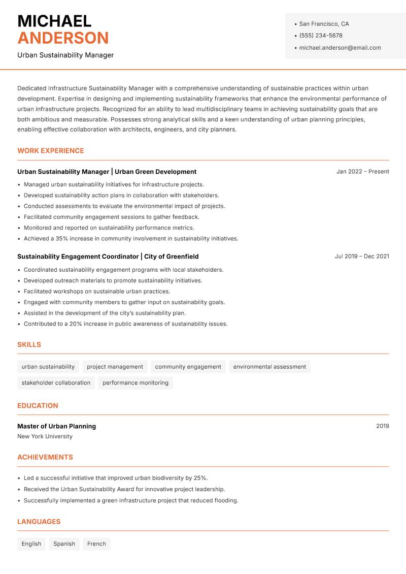 Infrastructure Sustainability Manager resume sample — Urban Sustainability Manager focus