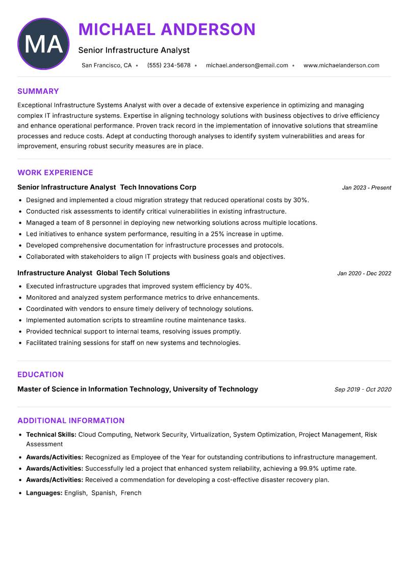 Infrastructure Systems Analyst resume example