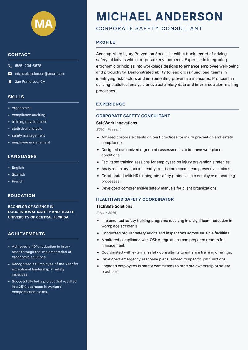 Injury Prevention Specialist resume sample — Corporate Safety Consultant focus