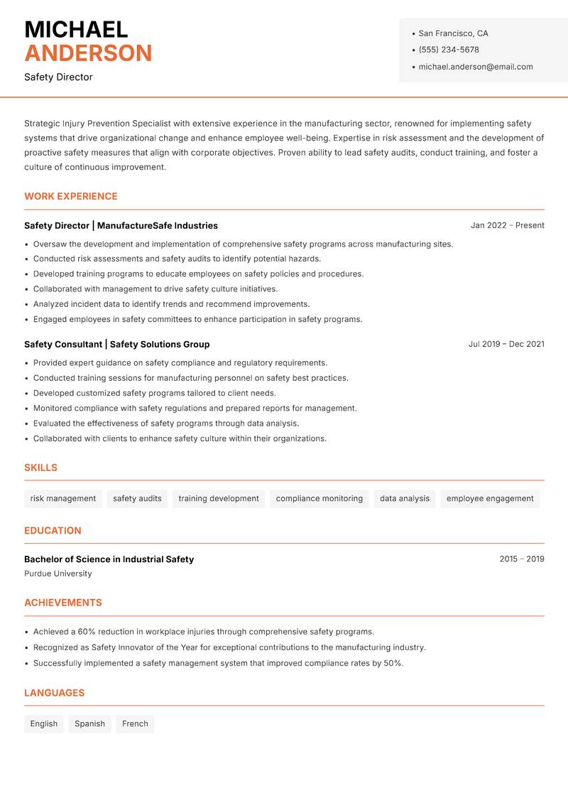 Injury Prevention Specialist resume sample — Safety Director focus