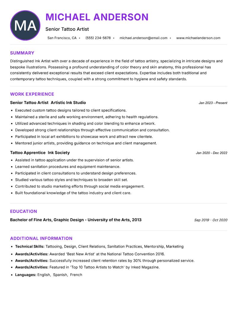 Ink Artist resume example