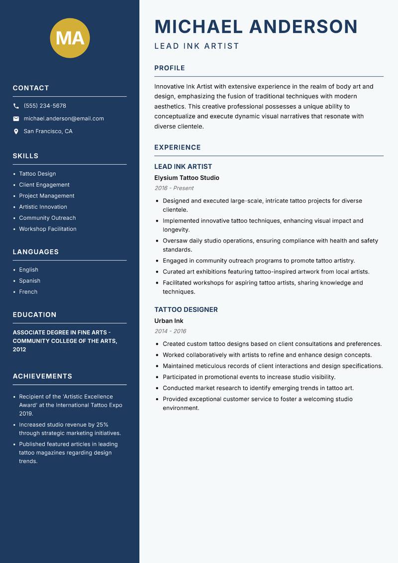 Ink Artist resume sample — Lead Ink Artist focus