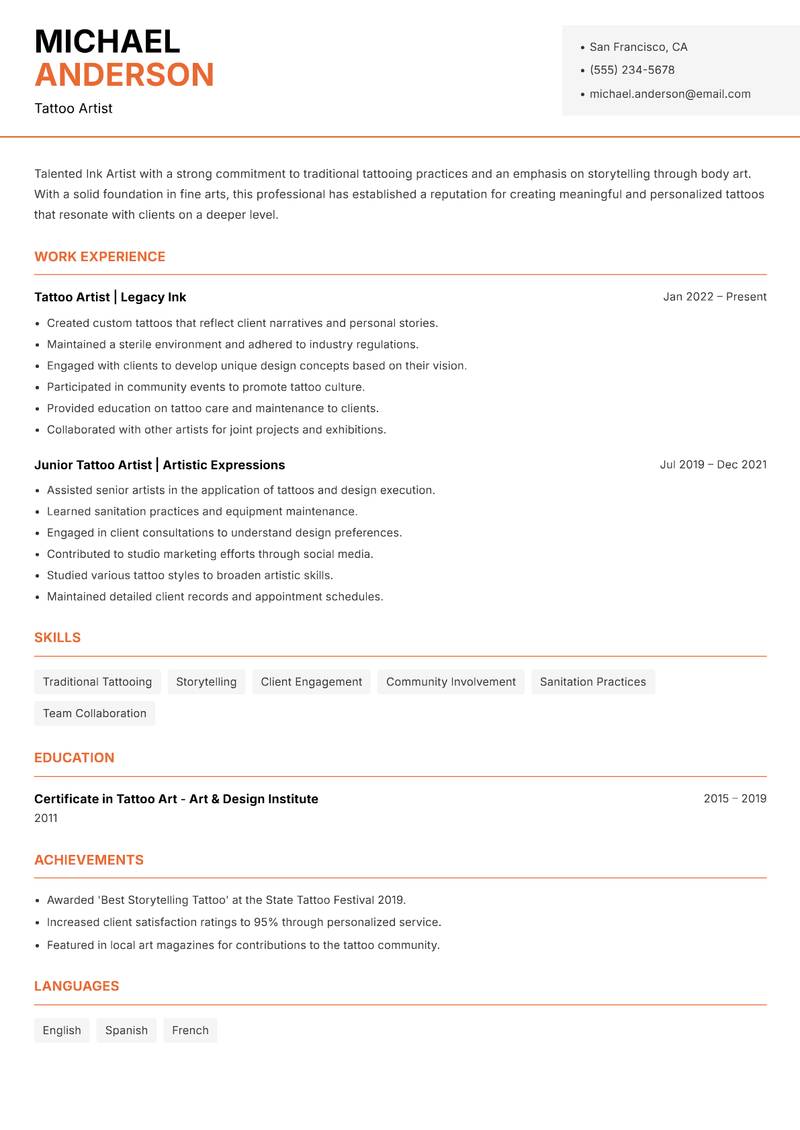 Ink Artist resume sample — Tattoo Artist focus
