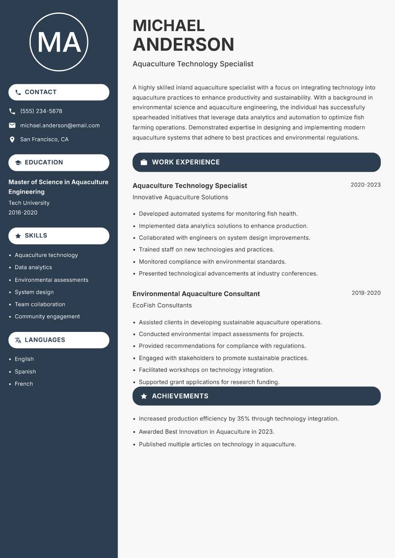 Inland Aquaculture Specialist resume sample — Aquaculture Technology Specialist focus
