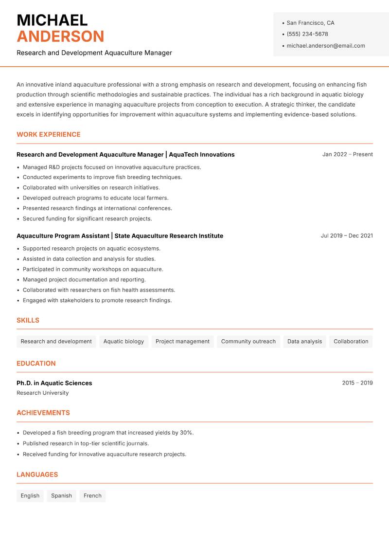 Inland Aquaculture Specialist resume sample — Research and Development Aquaculture Manager focus