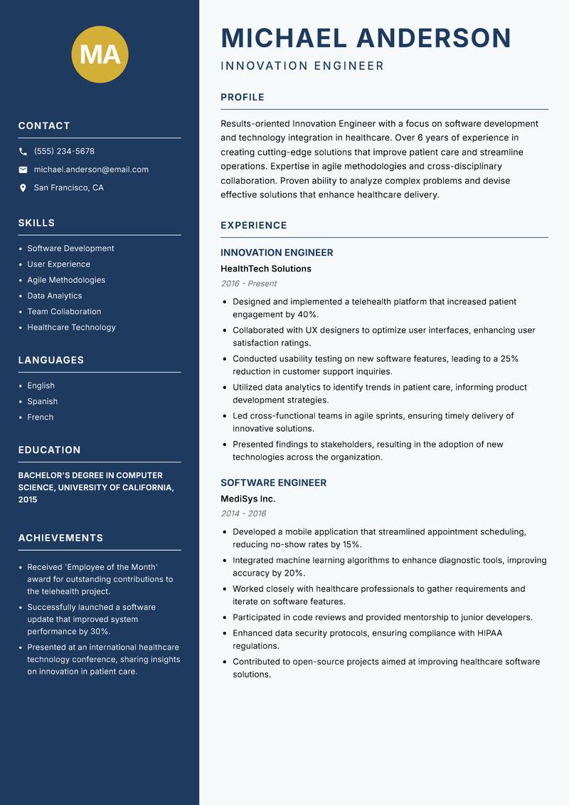 Innovation Engineer resume sample — Innovation Engineer focus