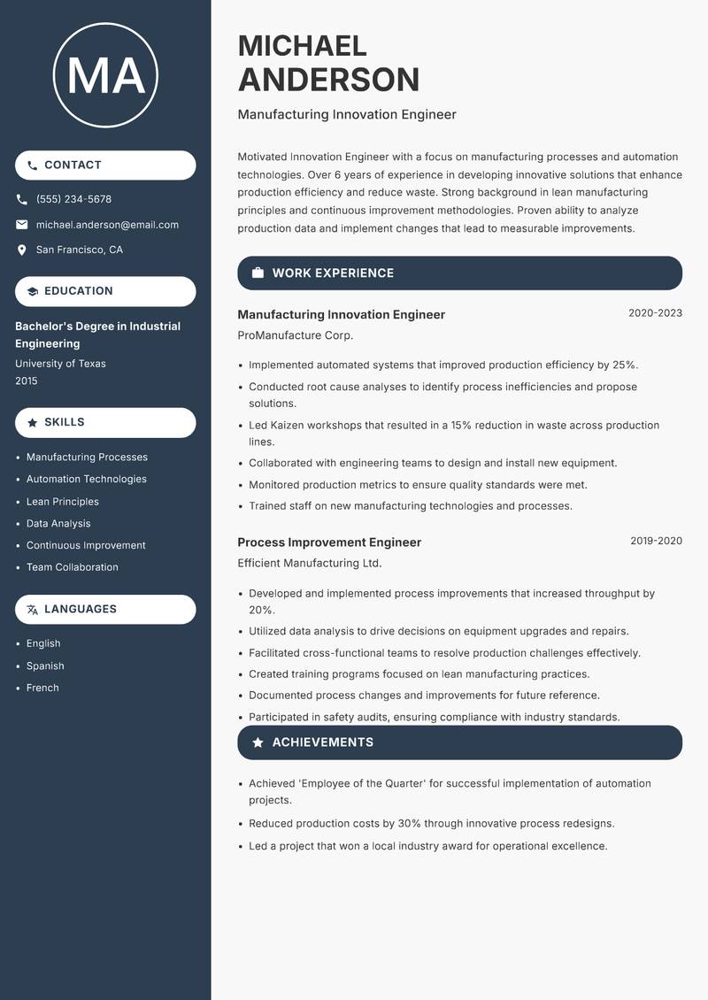 Innovation Engineer resume sample — Manufacturing Innovation Engineer focus