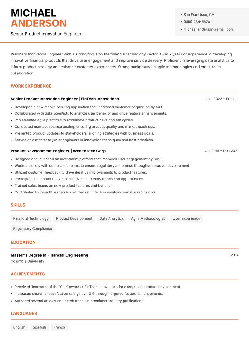 Innovation Engineer resume sample — Senior Product Innovation Engineer focus