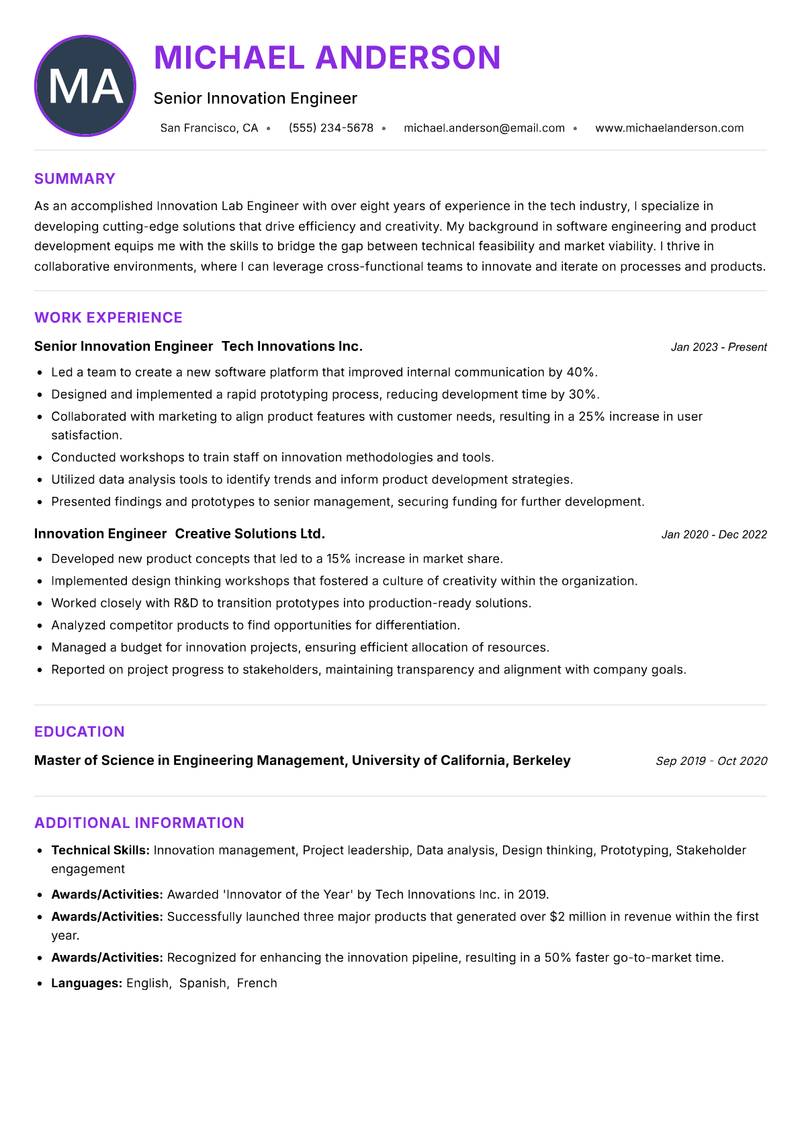 Innovation Lab Engineer resume example