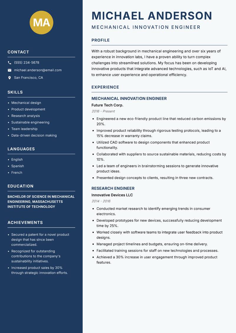 Innovation Lab Engineer resume sample — Mechanical Innovation Engineer focus