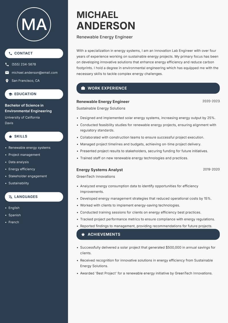 Innovation Lab Engineer resume sample — Renewable Energy Engineer focus