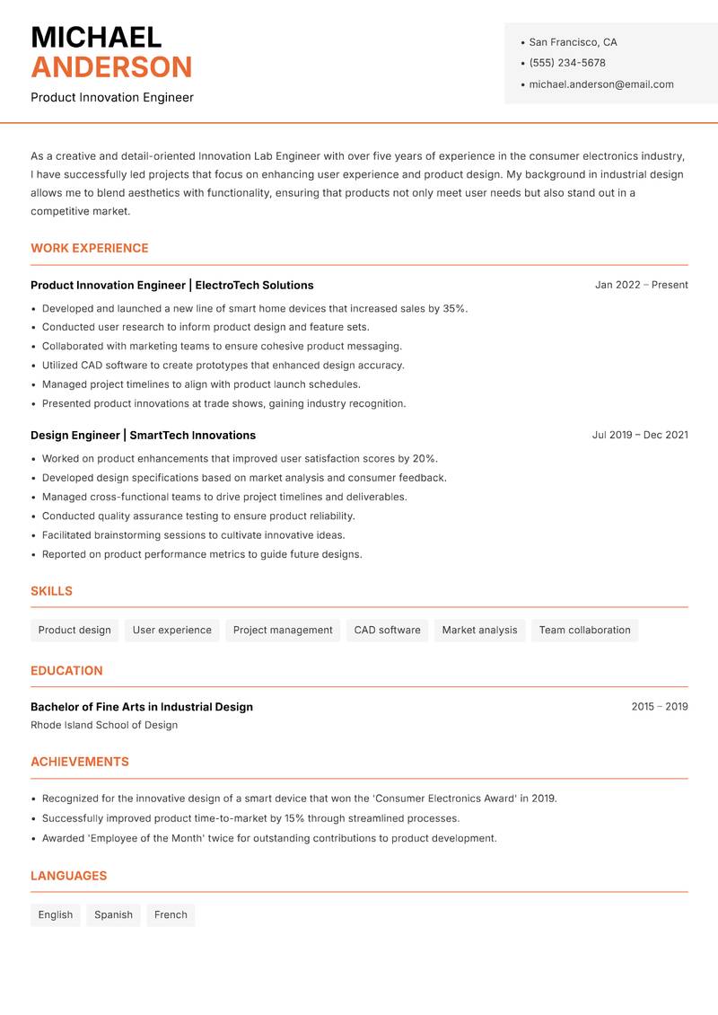 Innovation Lab Engineer resume sample — Product Innovation Engineer focus