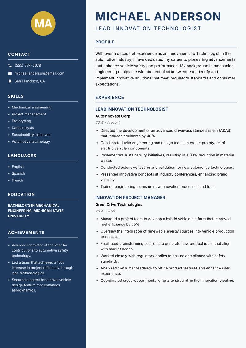 Innovation Lab Technologist resume sample — Lead Innovation Technologist focus