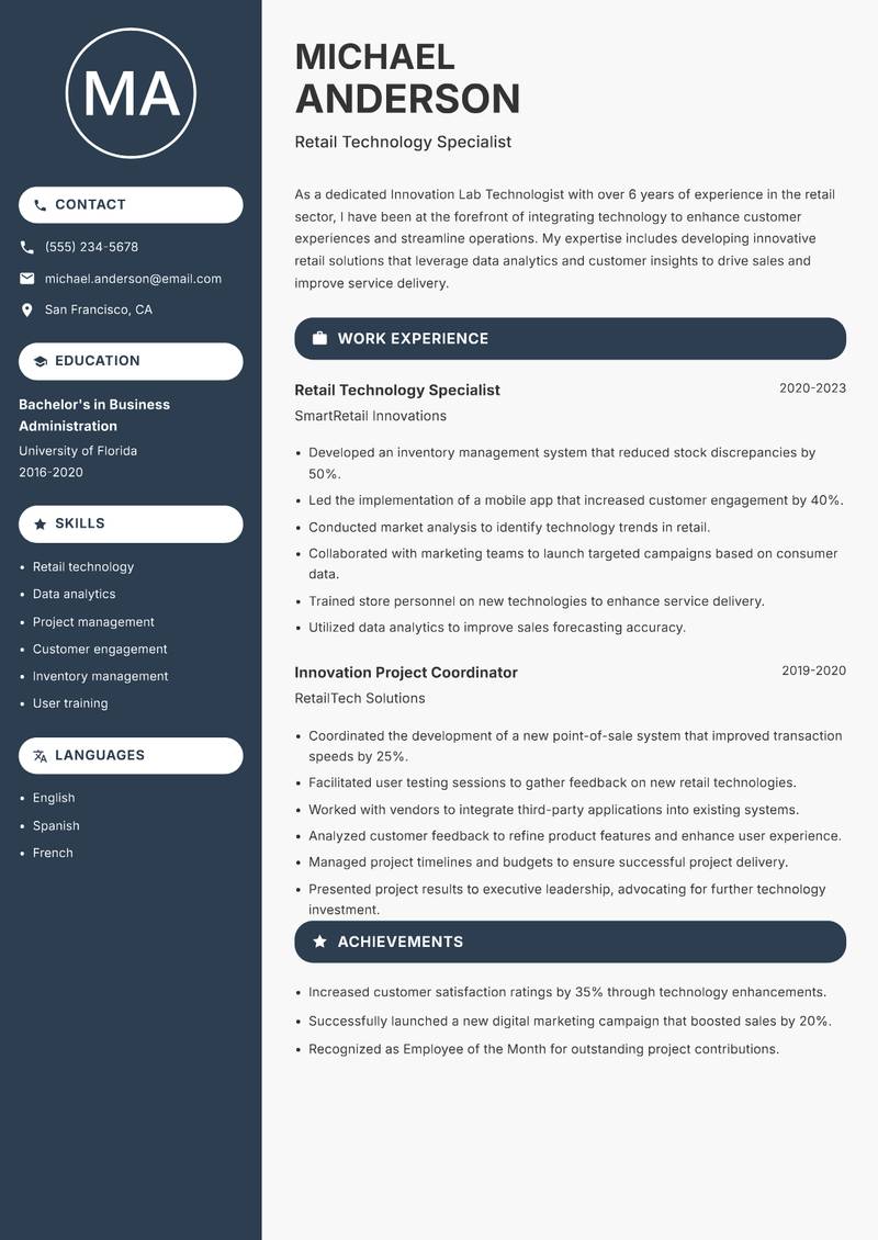 Innovation Lab Technologist resume sample — Retail Technology Specialist focus