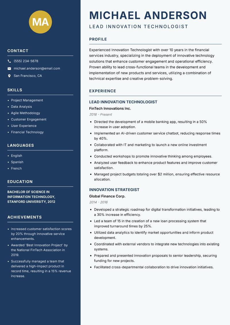 Innovation Technologist resume sample — Lead Innovation Technologist focus
