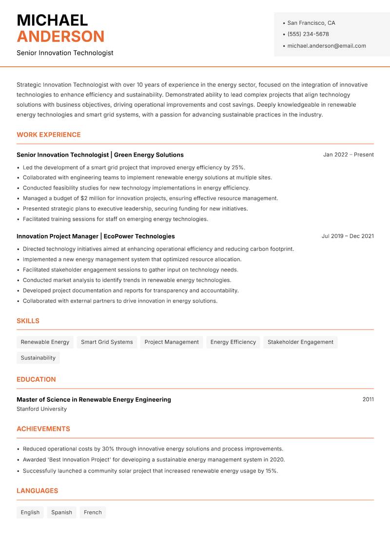 Innovation Technologist resume sample — Senior Innovation Technologist focus