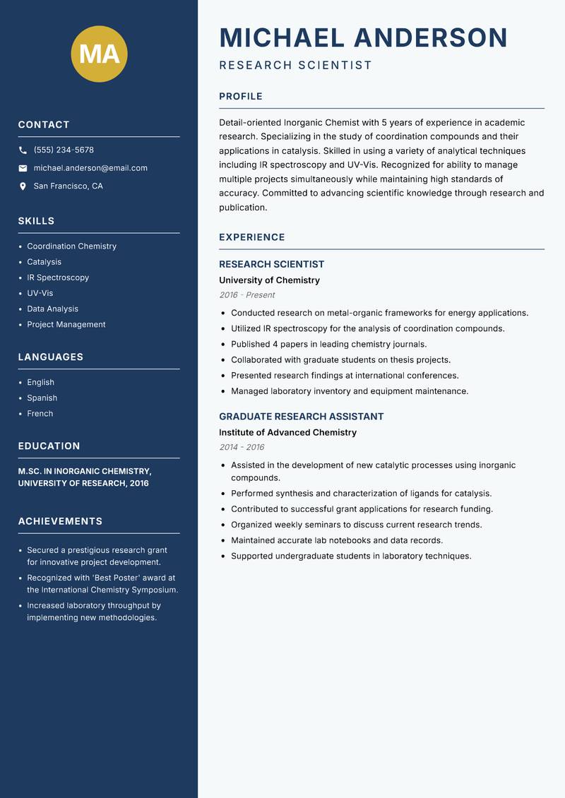 Inorganic Chemist resume sample — Research Scientist focus
