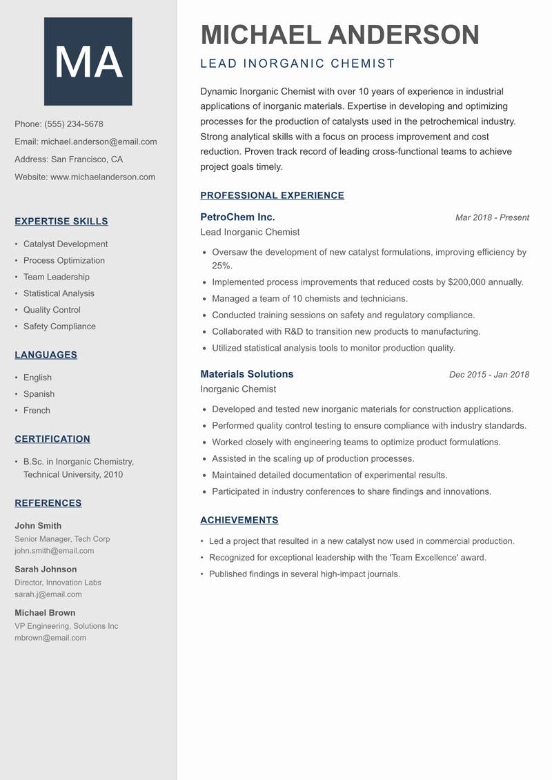 Inorganic Chemist resume sample — Lead Inorganic Chemist focus
