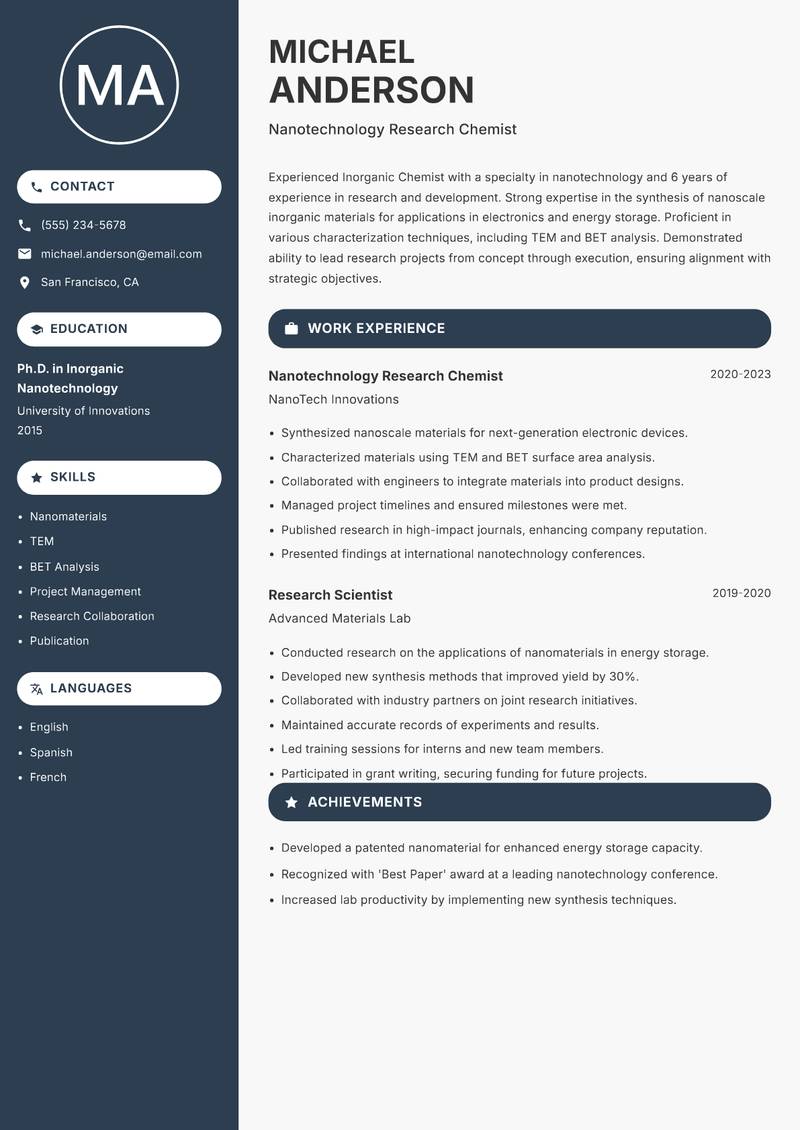 Inorganic Chemist resume sample — Nanotechnology Research Chemist focus