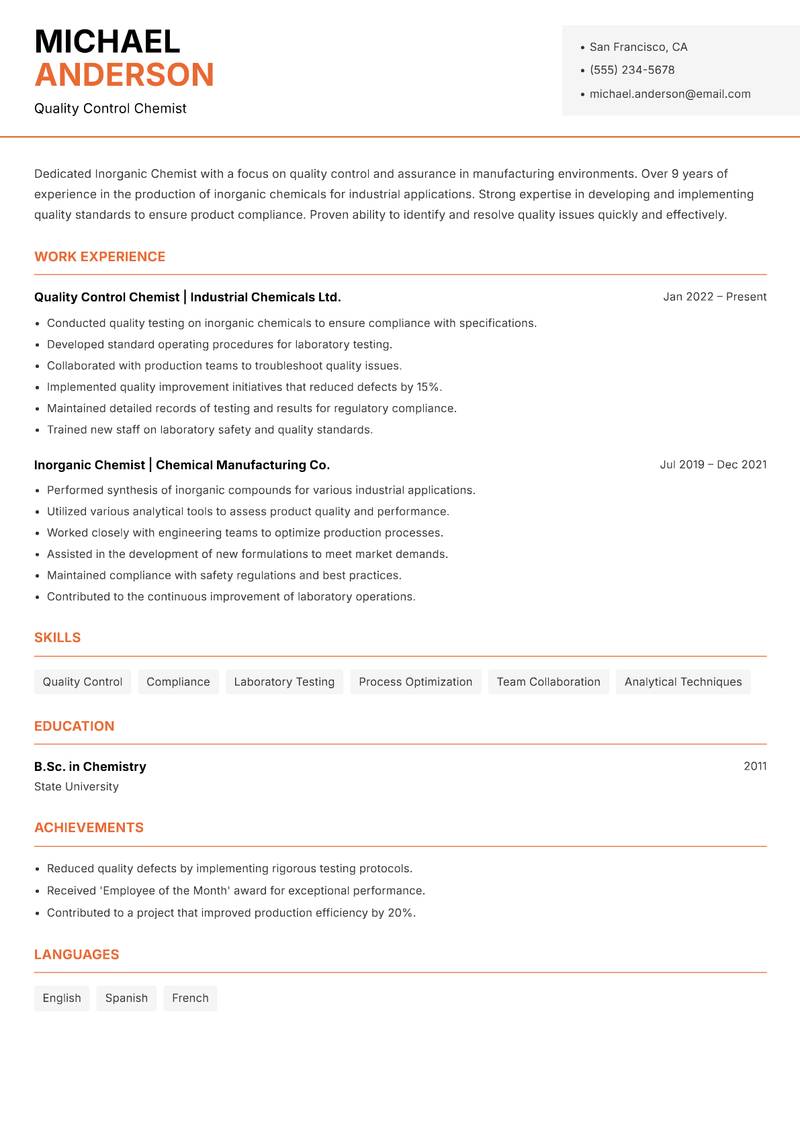 Inorganic Chemist resume sample — Quality Control Chemist focus