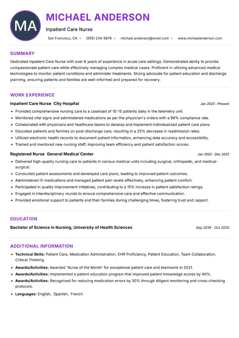 Inpatient Care Nurse resume example