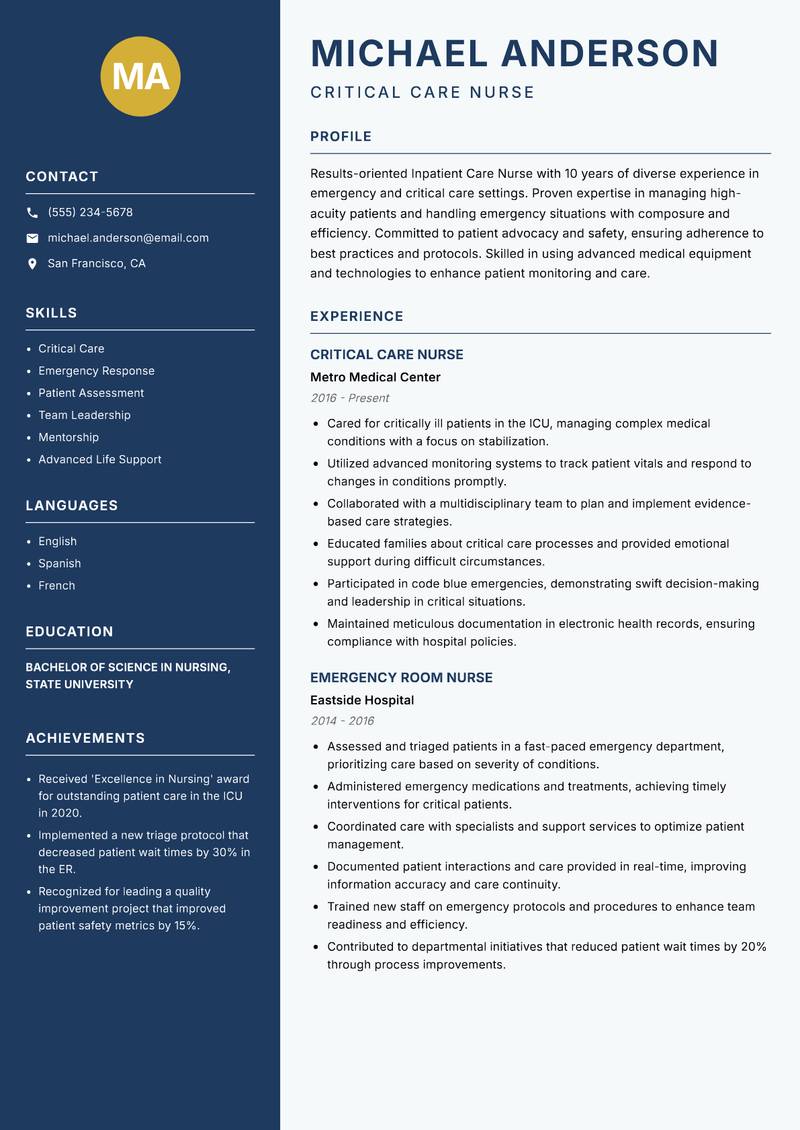 Inpatient Care Nurse resume sample — Critical Care Nurse focus