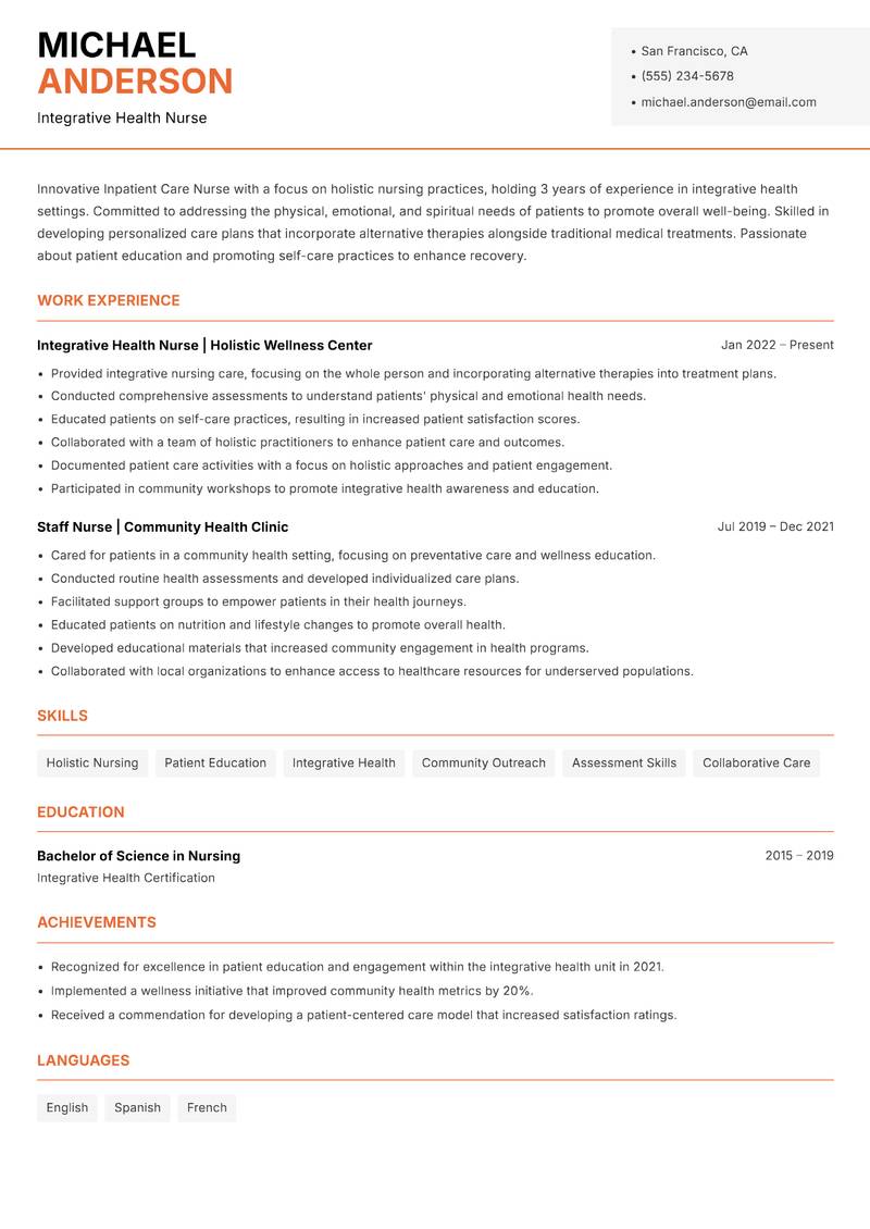 Inpatient Care Nurse resume sample — Integrative Health Nurse focus