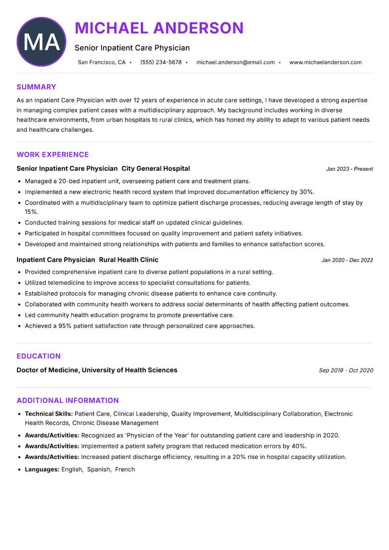Inpatient Care Physician resume example