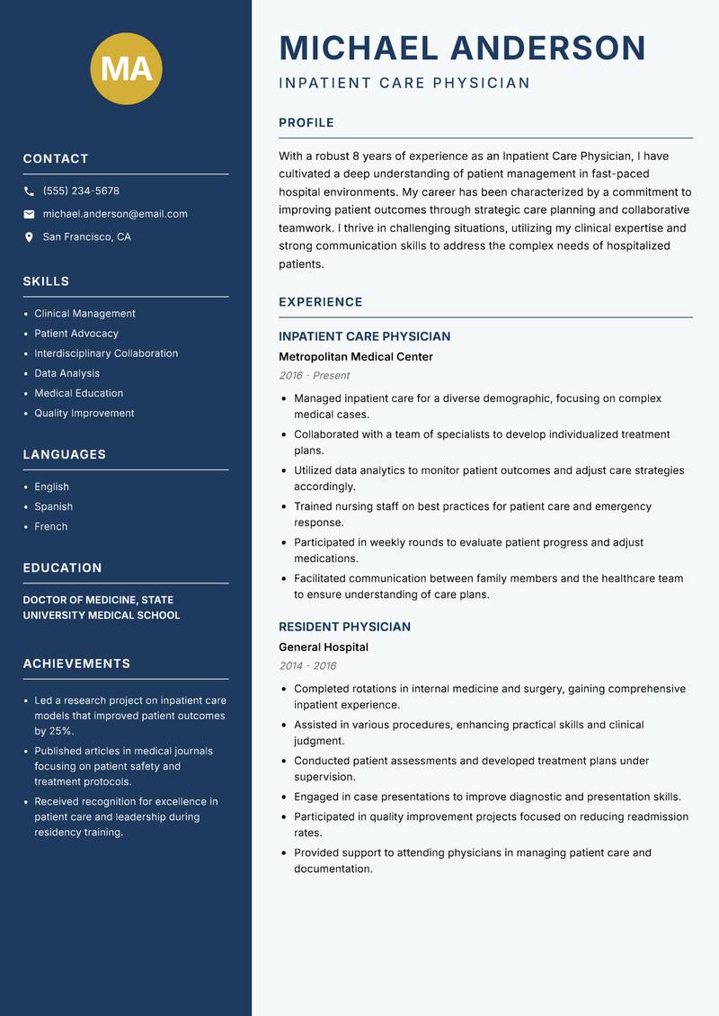 Inpatient Care Physician resume sample — Inpatient Care Physician focus