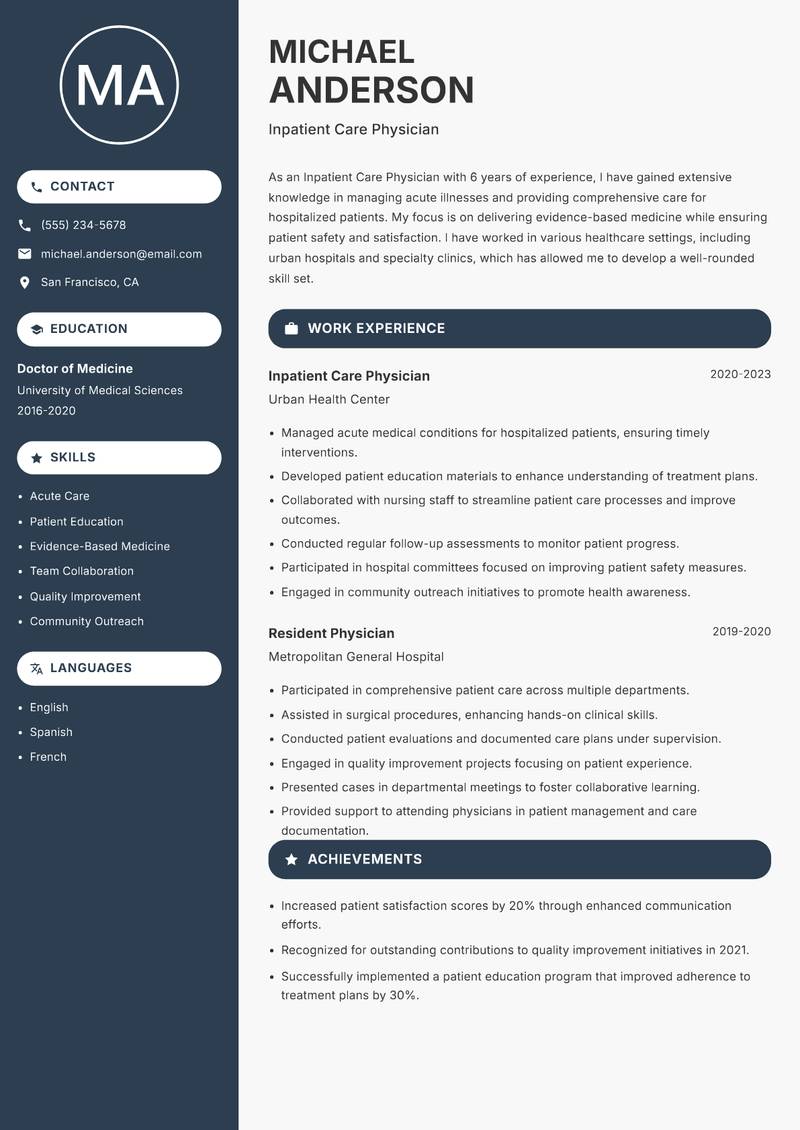 Inpatient Care Physician resume sample — Inpatient Care Physician focus