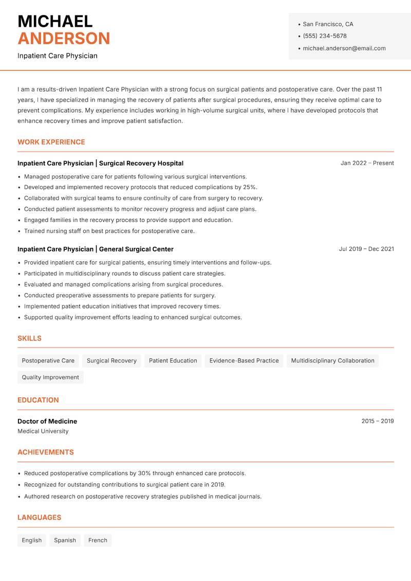 Inpatient Care Physician resume sample — Inpatient Care Physician focus