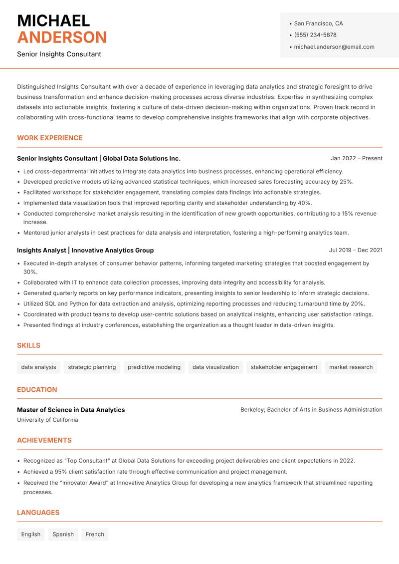 Insights Consultant resume sample — Senior Insights Consultant focus