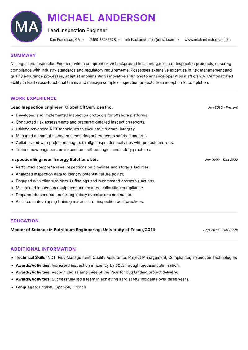 Inspection Engineer Oil Gas resume example