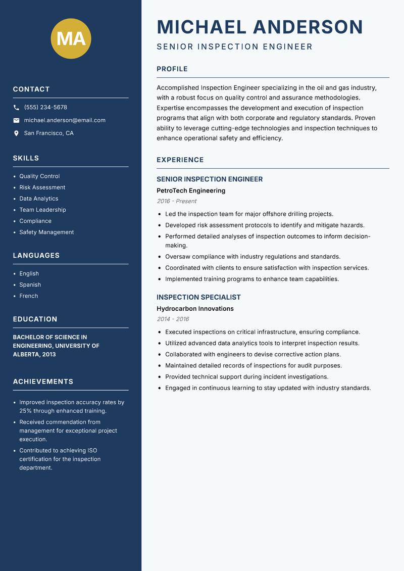 Inspection Engineer Oil Gas resume sample — Senior Inspection Engineer focus