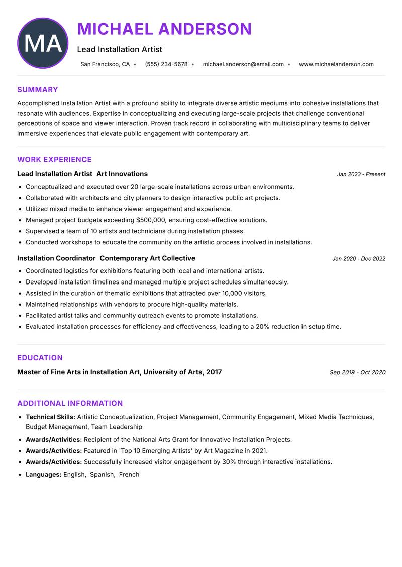 Installation Artist resume example