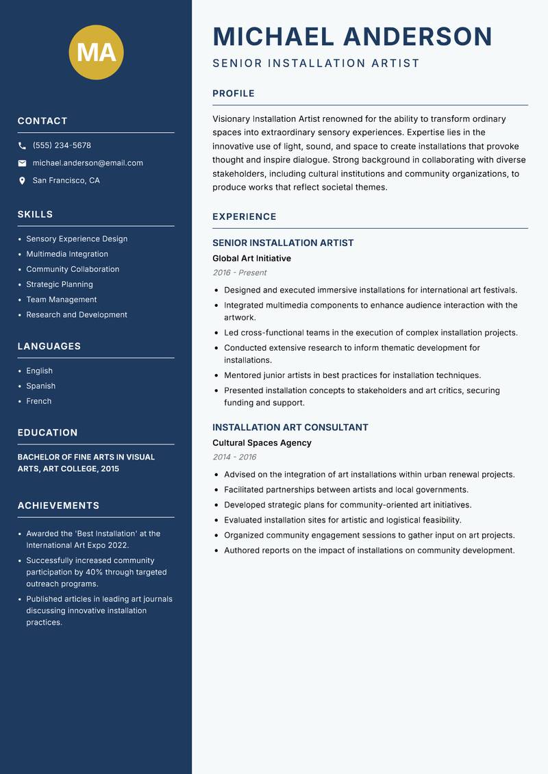 Installation Artist resume sample — Senior Installation Artist focus