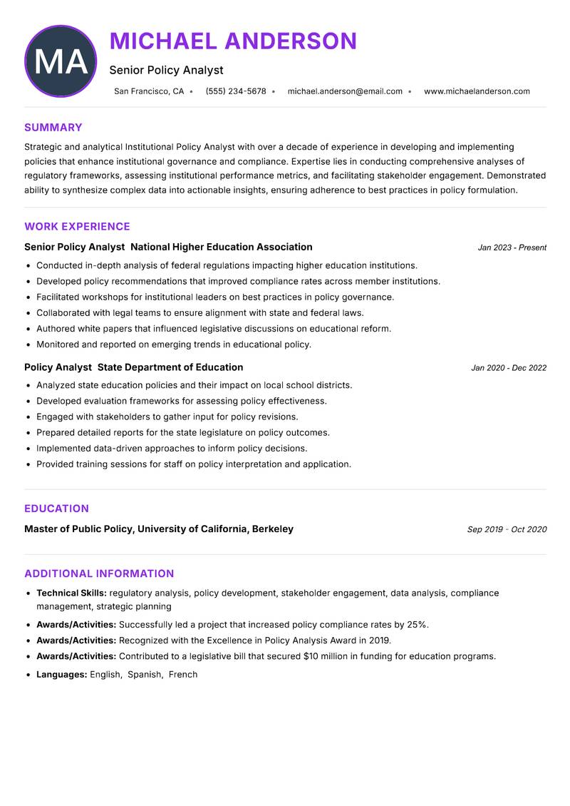 Institutional Policy Analyst resume example