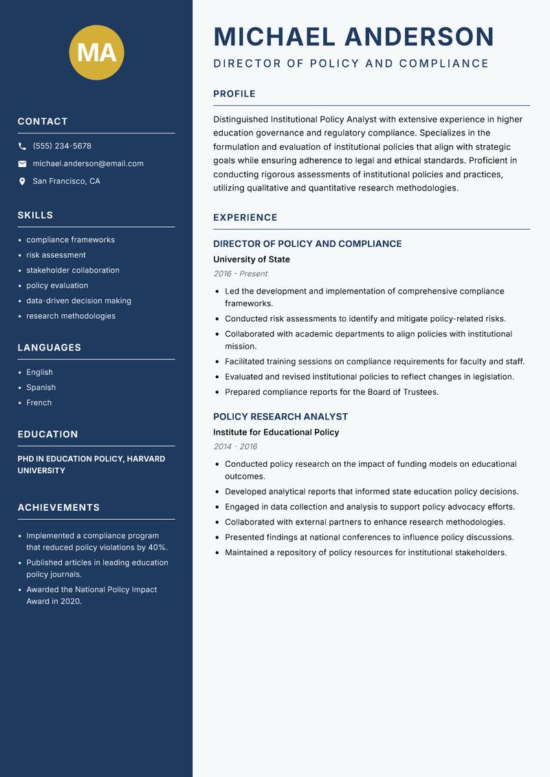 Institutional Policy Analyst resume sample — Director of Policy and Compliance focus