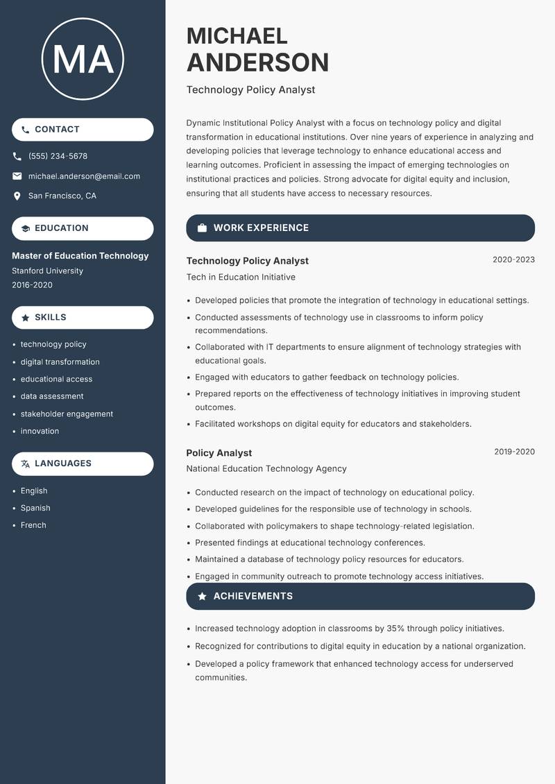 Institutional Policy Analyst resume sample — Technology Policy Analyst focus
