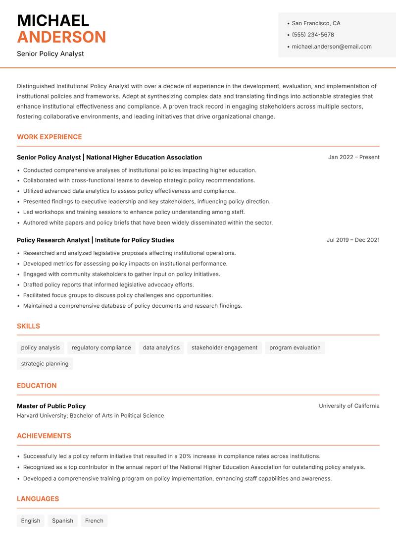 Institutional Policy Analyst resume sample — Senior Policy Analyst focus