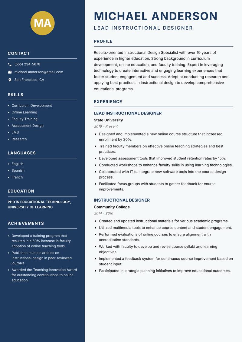 Instructional Design Specialist resume sample — Lead Instructional Designer focus