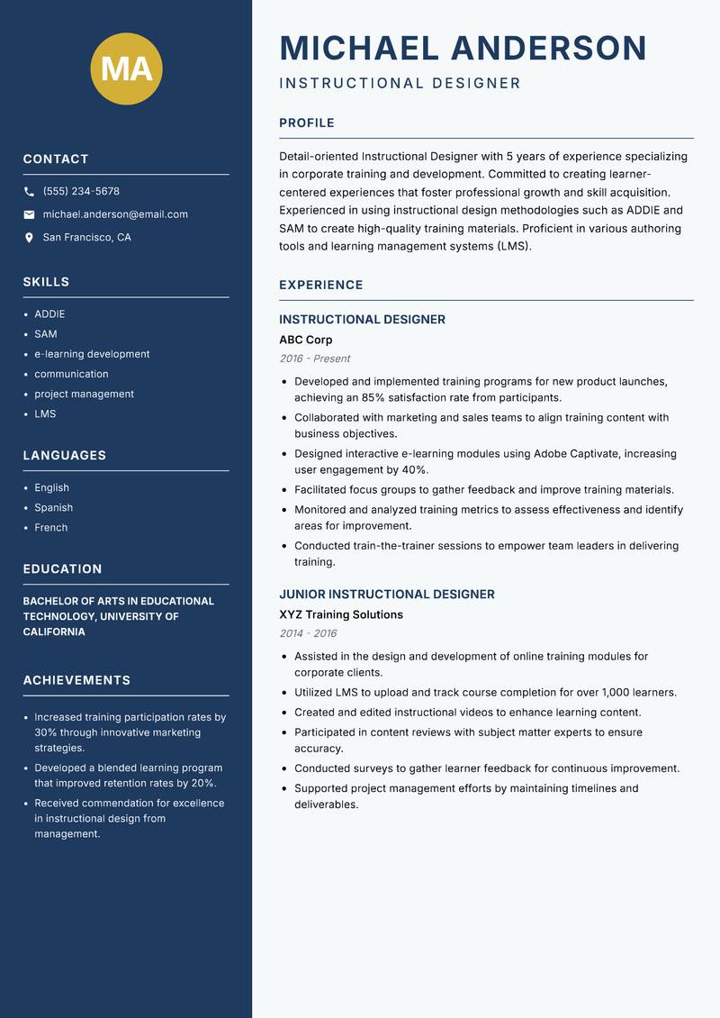 Instructional Designer resume sample — Instructional Designer focus