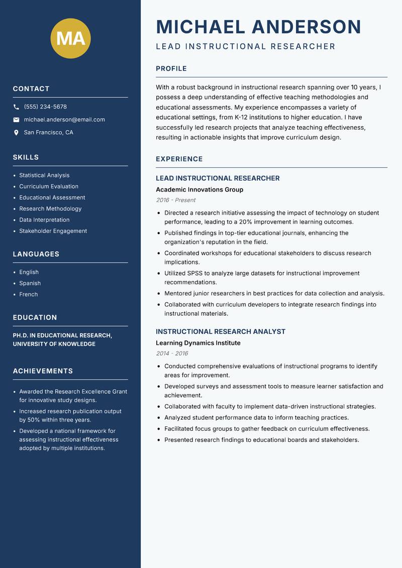 Instructional Researcher resume sample — Lead Instructional Researcher focus