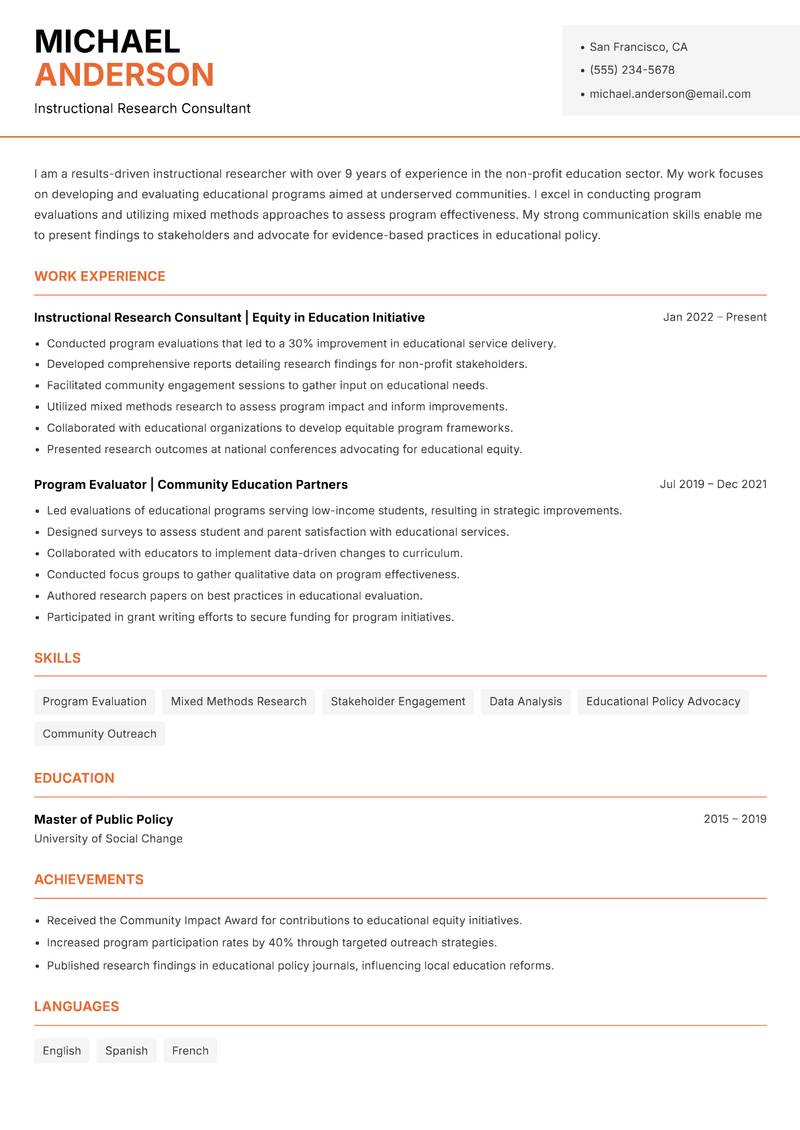 Instructional Researcher resume sample — Instructional Research Consultant focus