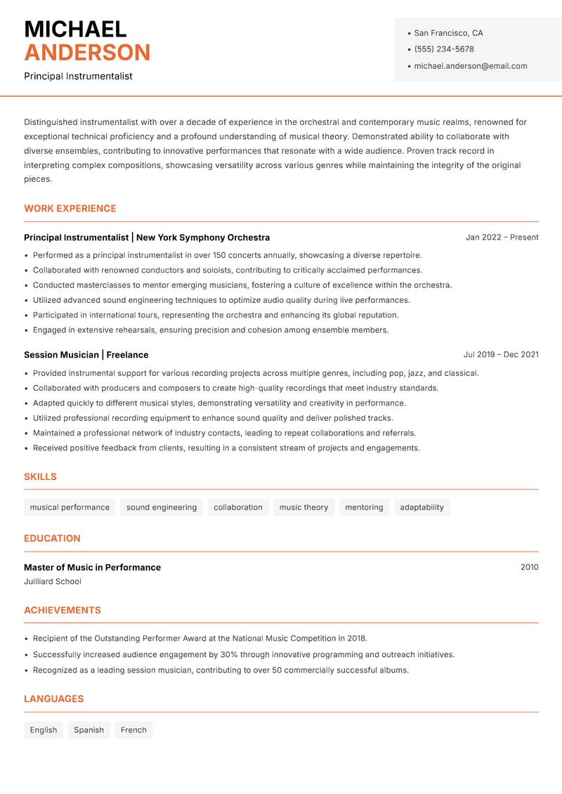 Instrumentalist resume sample — Principal Instrumentalist focus